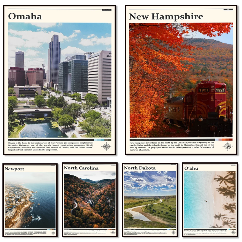 Outer Banks, Oregon, Omaha, Oklahoma, Dakota del Norte, Isla de Rhode, Nueva Jersey, New Hampshire, Nevada, Michigan, Póster de viaje de EE. UU.