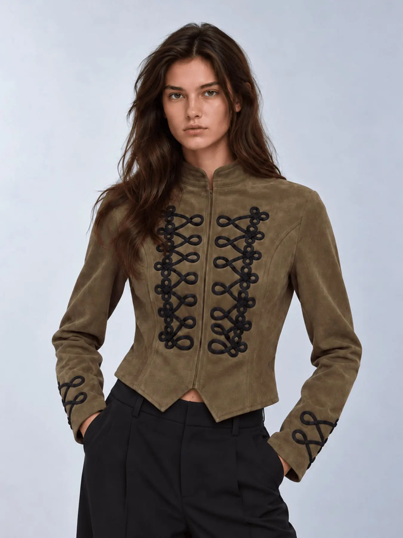 HH Fashion Female Faux Suede Stand Collar Cropped Coat Black Knot Embellishment Jacket Casual Autumn Party Long Sleeve Outerwear