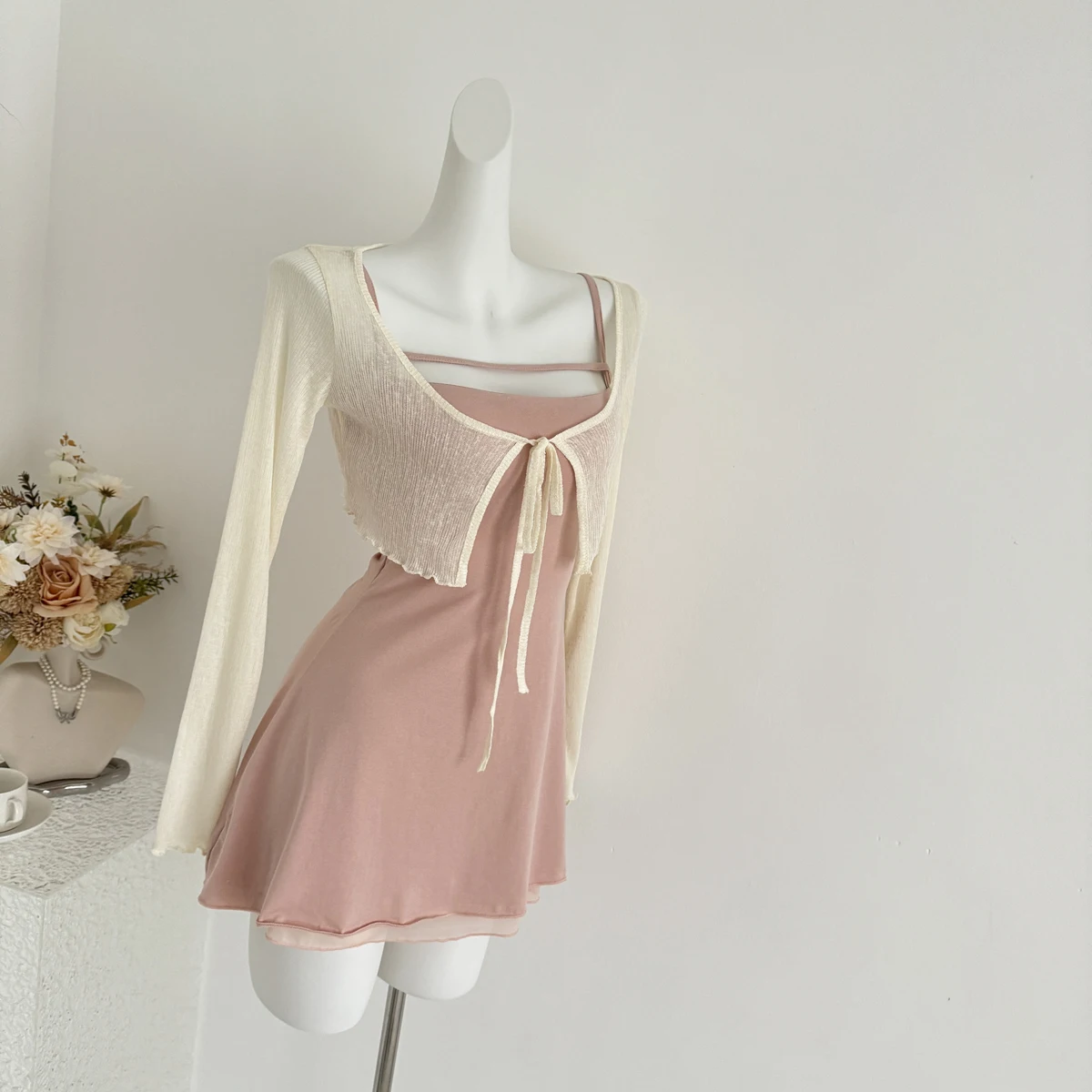 2025 New Arrival Fairy Woman Sunscreen Lace-up T-shirt Two-piece Set Dress Ruffle Edge Solid Slim Charming