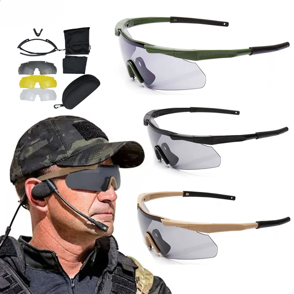 3 Lens Military Tactical Goggles CS Airsoft Windproof Army Shooting Polarized Glasses HD Motorcycle Cycling Outdoor Safe Glasses