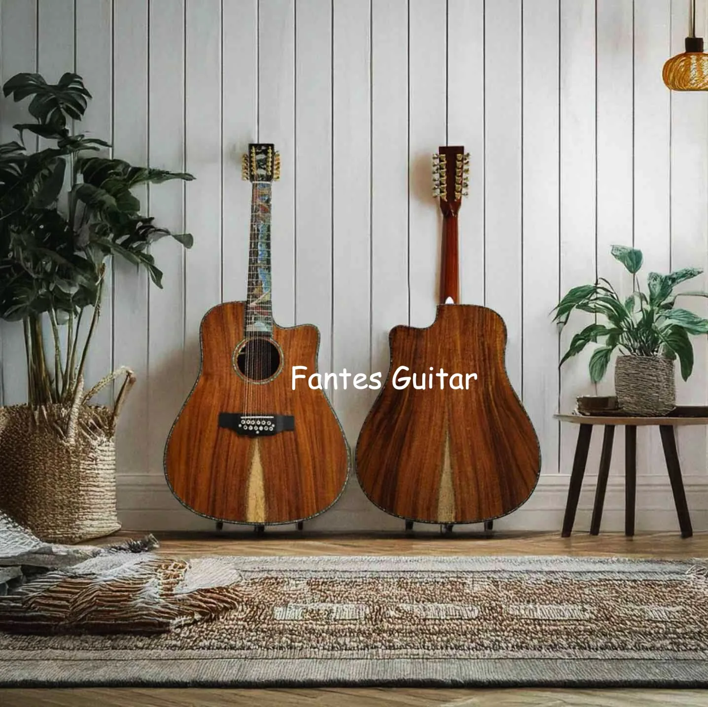 Custom 12 Strings Dreadnought Cutaway All Solid Koa Wood Back Side Handmade Deluxe Acoustic Electric Guitar