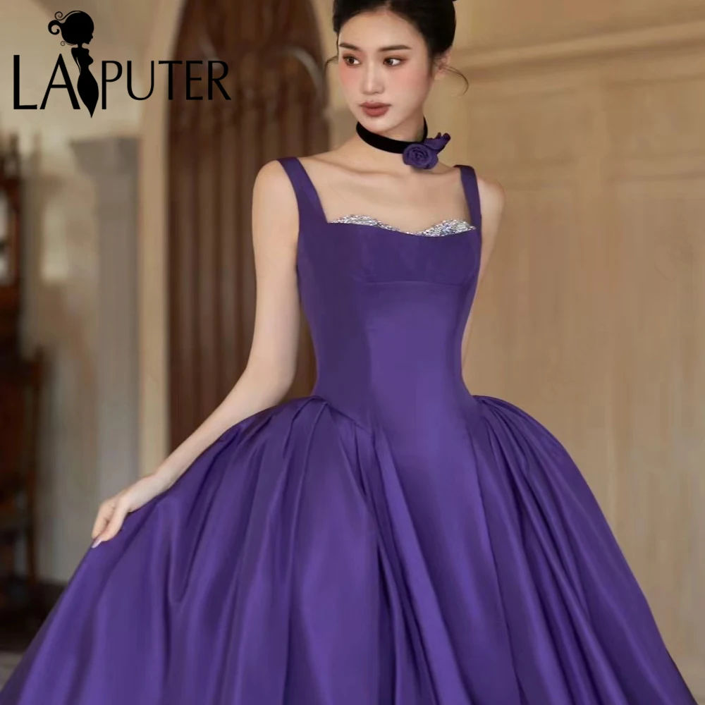 Grape Satin Evening Dresses Square Neck Shoulder Straps Simple A line Prom Gown Box Pleat New Design 2024 Celebrity Dress