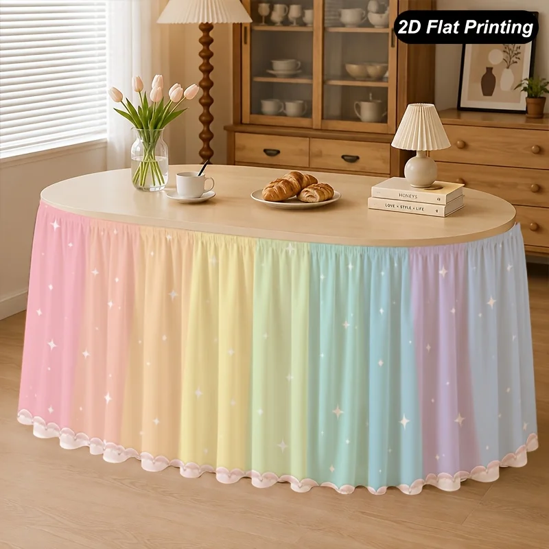 1 piece 2D flat tablecloth, Macaron rainbow gradual change striped table skirt, perfect for home kitchen decoration