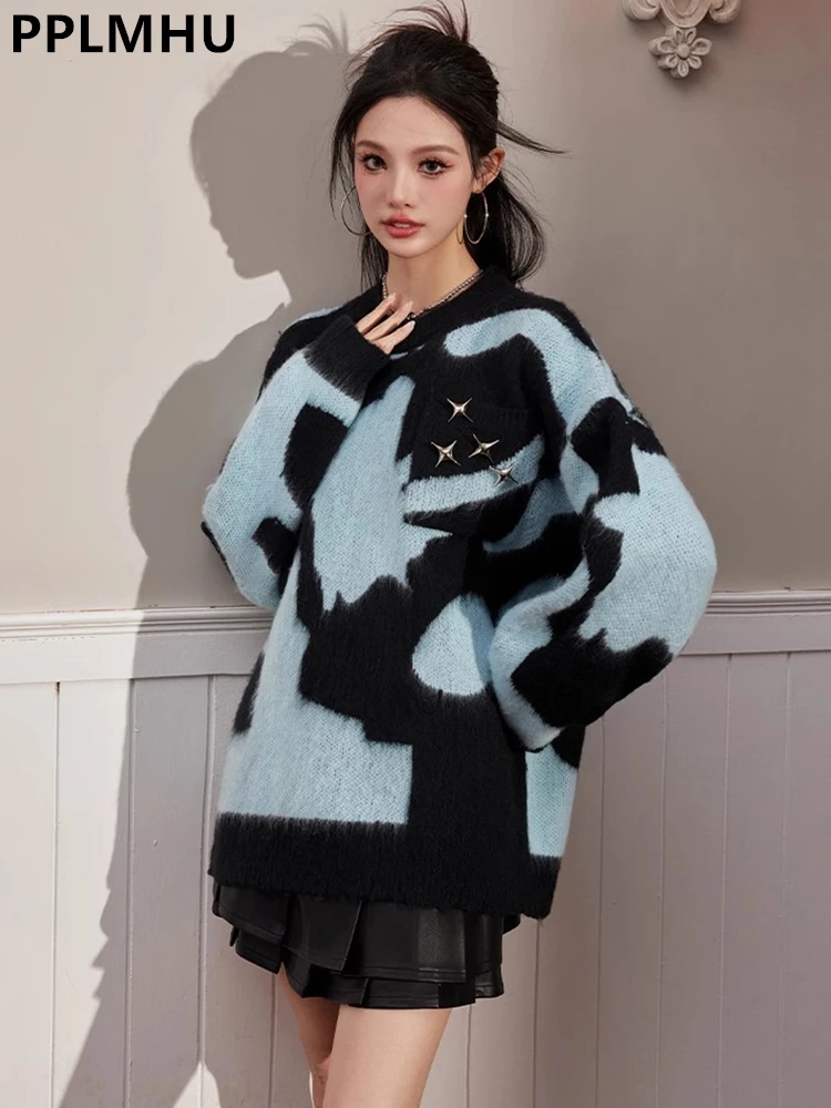 

Streetwear Tie Dye Spring Sweater Tops Women Plush Soft Long Sleeve Knit Pullover Casual Loose Knitwear Jumper Vintage Poleras