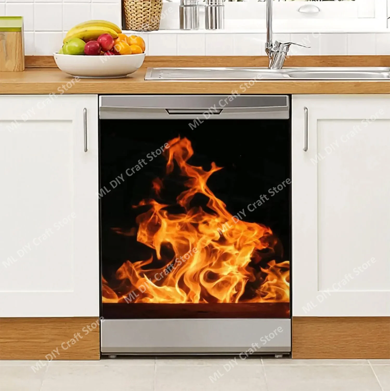 Village Creative Fireplace Dishwasher Full Door Cover Sticker Kitchen Dishwasher Front Cover Flame Panel Dishwasher Sticker