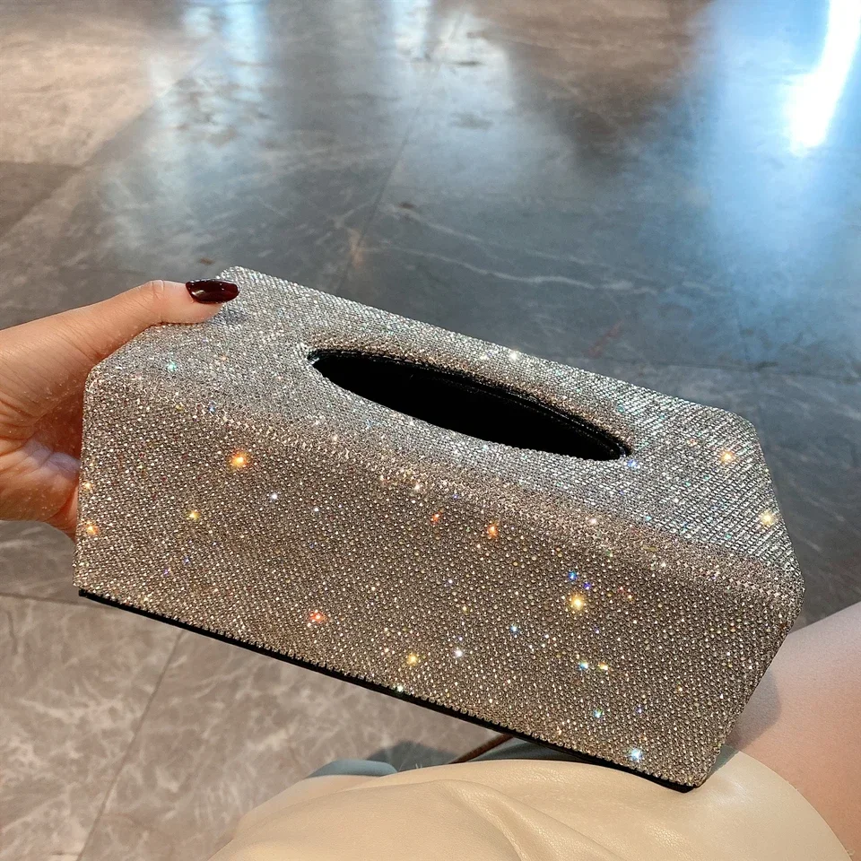 Sparkling Rhinestone Leather Tissue Box Desktop Napkin Toilet Holder Storage Case Car Paper Box Home Living Room Paper Dispenser