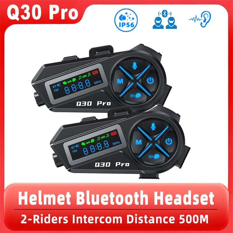 

Q30 Pro мотоциклетный шлем Bluetooth домофон расстояние 500 метров светодиодный HD цифровой дисплей обмена музыки домофон IP56 водонепроницаемый