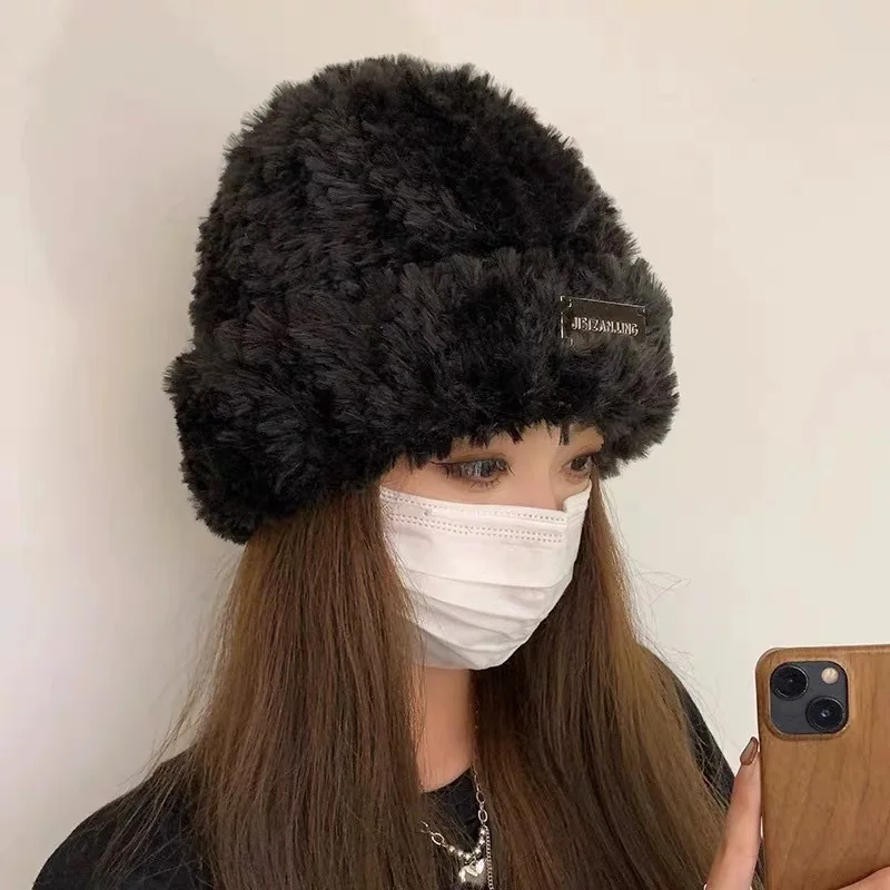 女性のぬいぐるみニットビーニーキャップ、耳保護帽子、カジュアルソリッドカバー、ヘッドキャップ、ボネット、厚く、暖かい、リブ、冬、スキー