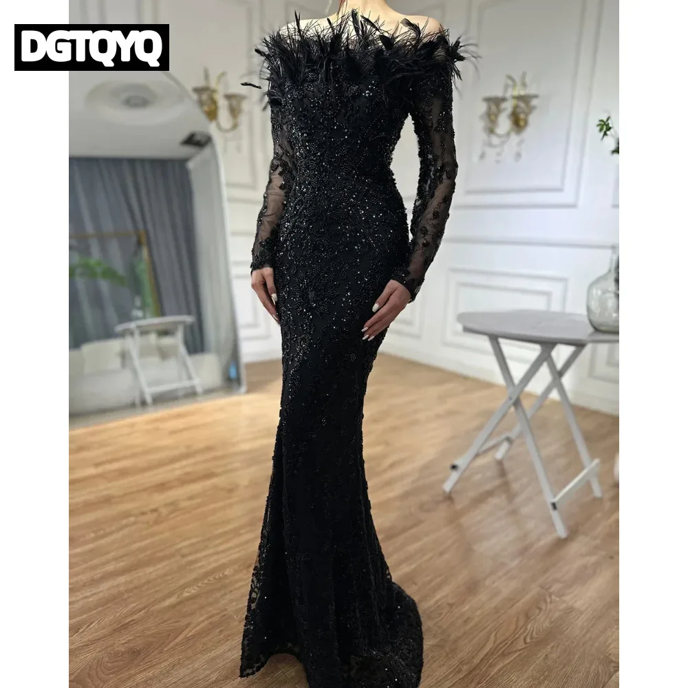 Elegant Black One-Shoulder Feathery Fish-Tail Gown for Hostess of Banquet Luxury Evening Dress Stylish Lady's Ball Gown - view 5