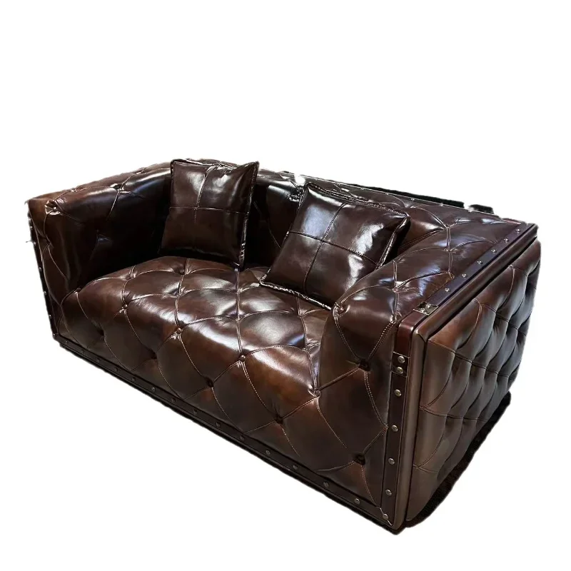 

Wabi-sabi style, Nordic cream light luxury, retro style, brown straight-breasted leather sofa