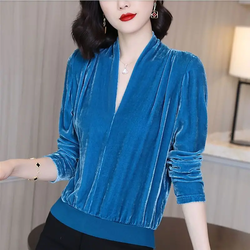 Autumn Winter Women Shirts Golden Velvet Thicken V-Neck Solid Pleated Fashion Elegant Long Sleeve Pullovers Bottoming Shirt Tops