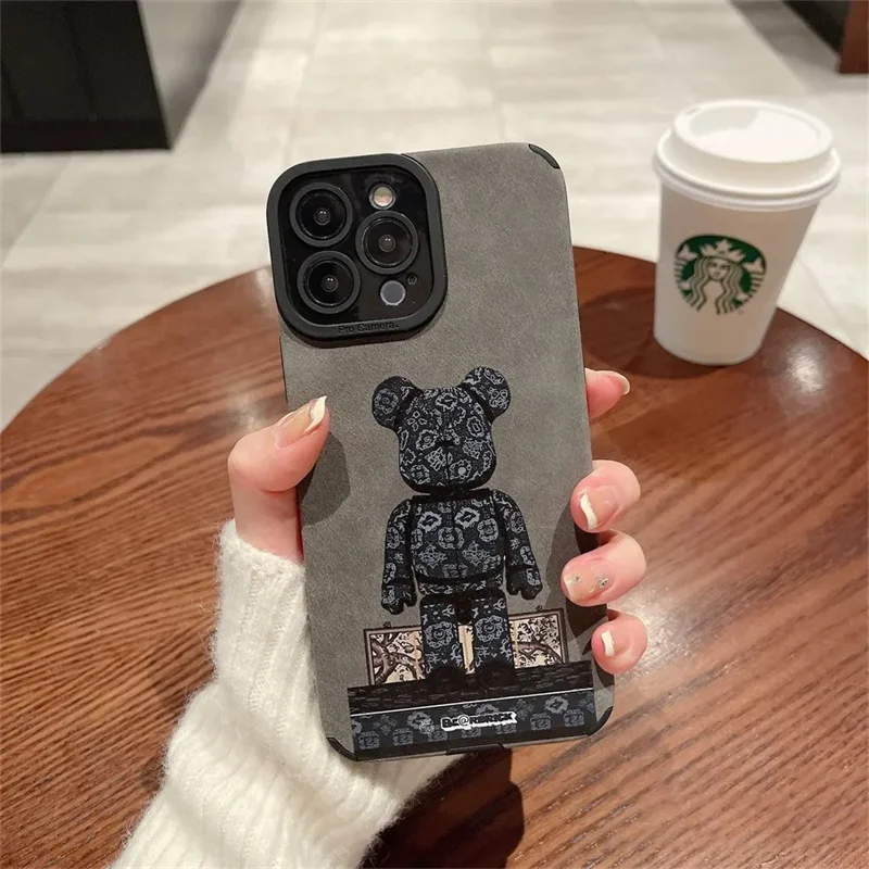 Luxury Black Bear@brick Suede Soft leather Case protection For iPhone 16 Pro 15 14 13 12 11 14 Pro Max XS XR Anti-fur Protect