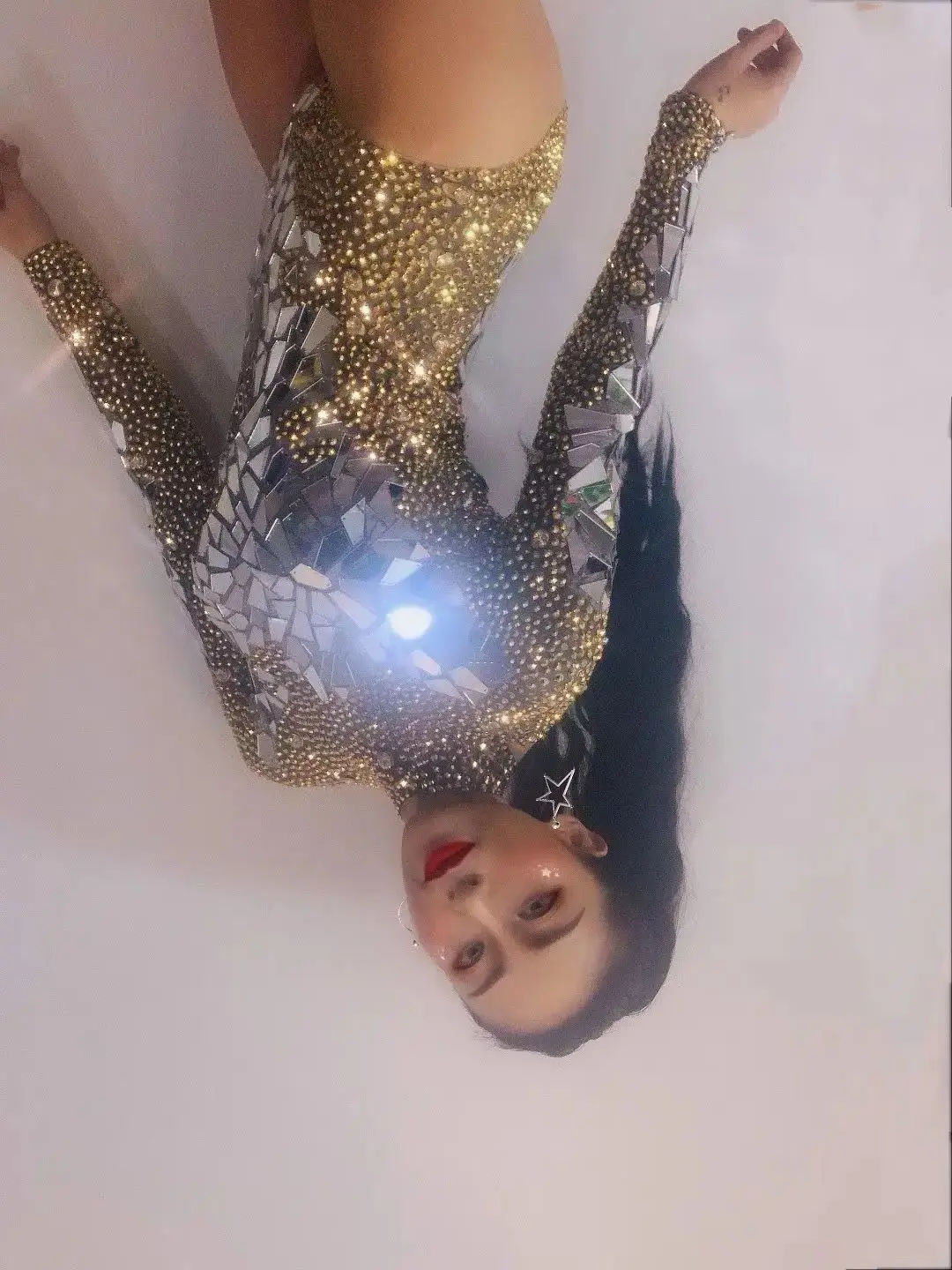 

Gold Rhinestones Mirrors Bodysuit Women's Birthday Celebrate Party Outfit DS Bar Singer Dancer Show Performance Costume