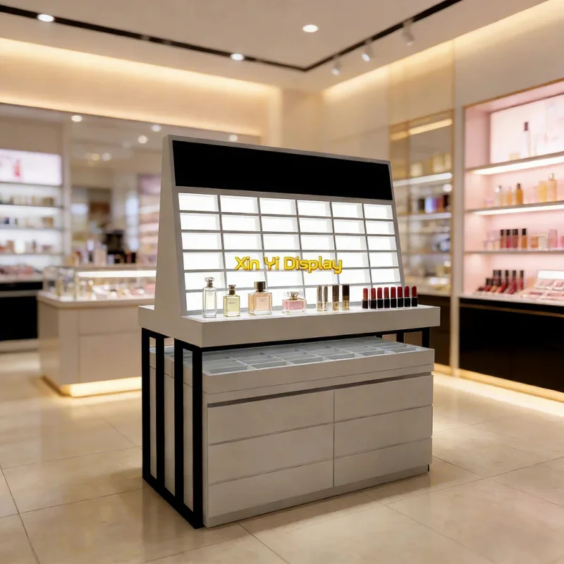 custom.High Quality Modern Perfume Showcase Display Factory Direct LED Lighted Stainless Steel Lockable White Custo