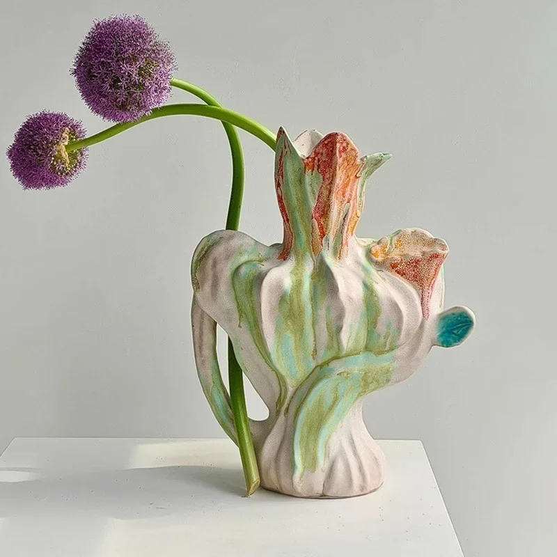 Handmade Ceramic Vase Flower Bud Shape Irregular Hollowing Out Colorful Graffiti Flower Vase Ceramic Handicrafts Home Decoration