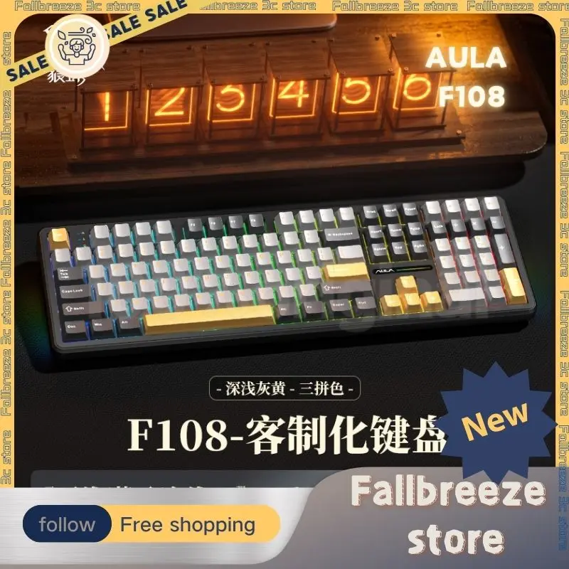 Aula F108 Mechanical Keyboard Three Mode 2.4g Wireless Hot Swap 100% Layout  1k Polling Rate Hifi Switch Rgb Keyboard Customized