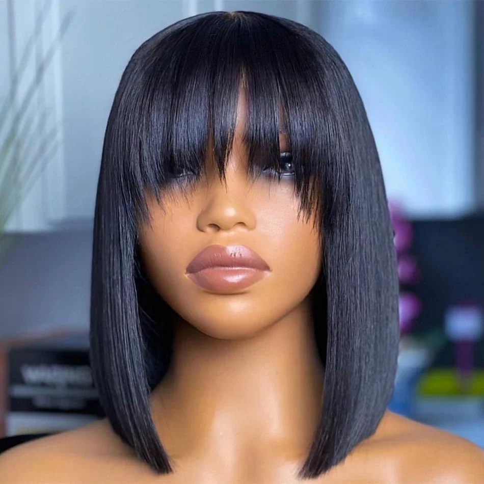 Short Straight Bob Human Hair Wigs With Bangs Full Machine Made Wig For Black Women 3X1 Lace  Fringe Wig Brazilian Cheap