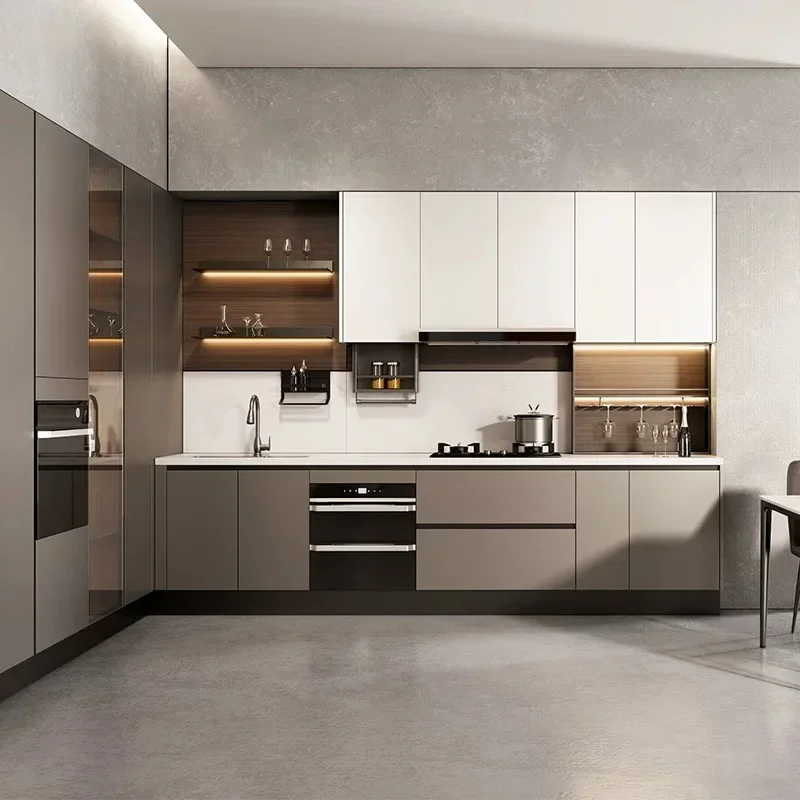 

-Современный деревянный дизайн, мебель для умного дома, полный набор кухонных шкафов из черного меламина на заказ