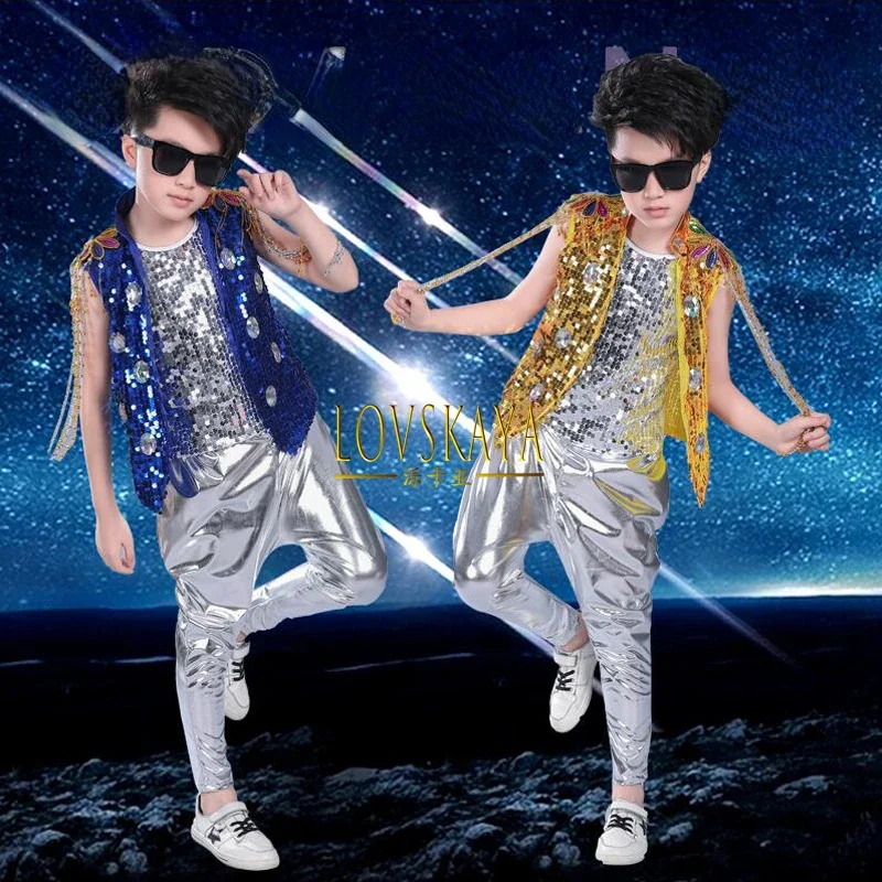 Sequined Hip Hop Outfits Girls Jazz Tap Dancing Tops Pants Boy Child Dance Stage Ballroom Party Dancewear Costumes