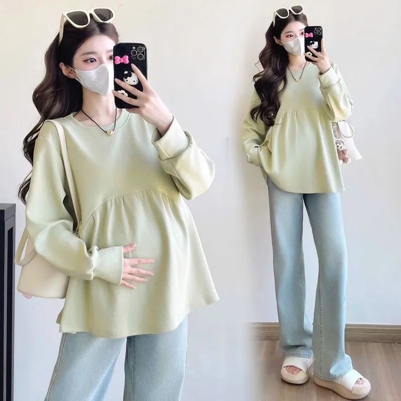2026 New Autumn Maternity Sweatshirt Long Sleeve Plus Size Solid Color Doll Blouse For Pregnant Women Fall Daily Wear Garments