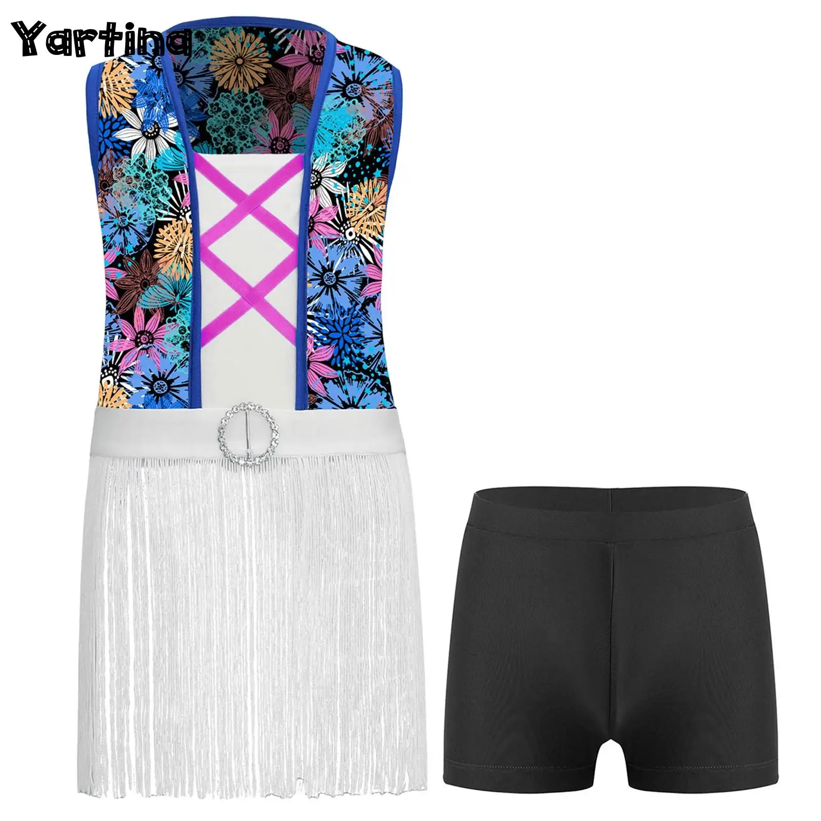 2 uds niñas danza moderna Salsa latina salón de baile Cha traje de baile estampado Top corto con flecos camiseta sin mangas Top de baile con pantalones cortos