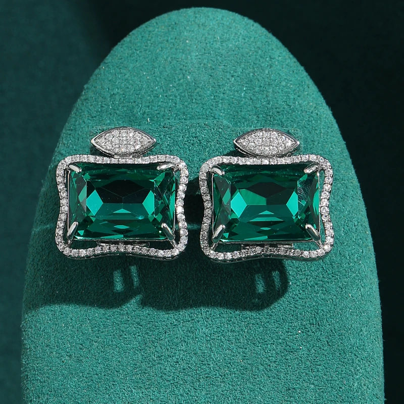 

Square Vintage Silver Color Crystal Green Stud Earring For Women High Brand Designer Festival Jewelry 2026 Luxury Retro New Gift