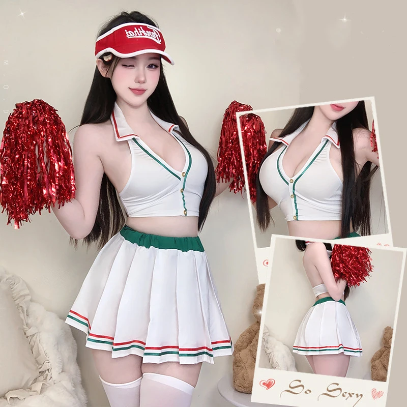 

Japanese Anime School Cheerleader Girl Uniform Female Soccer Babe Sports Two Piece Top And Mini Skirt Costume Cosplay Costume