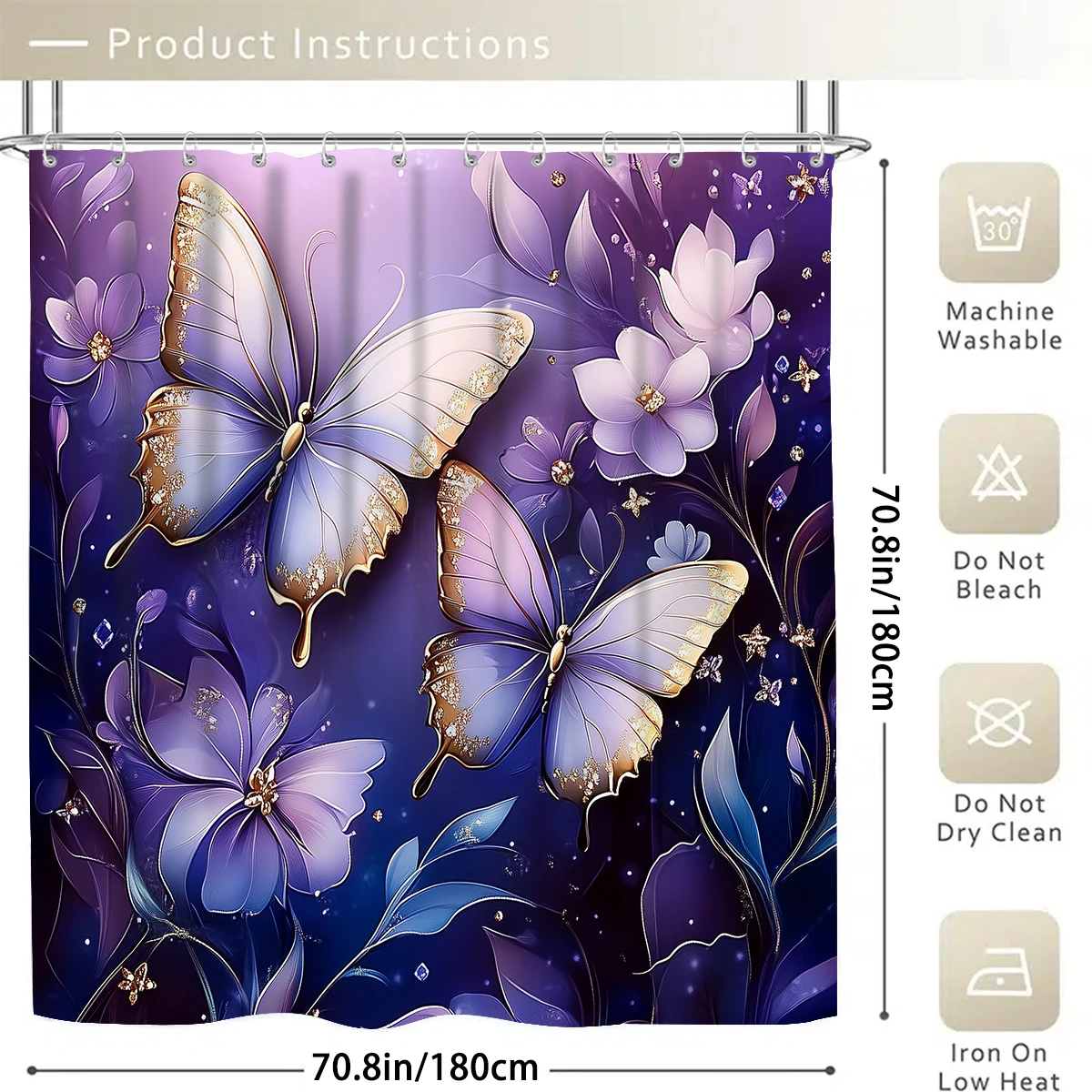 1/4PC Butterfly Purple flowers 3D shower curtain set,waterproof shower curtain and waterproof non-slip carpet,12free hooks