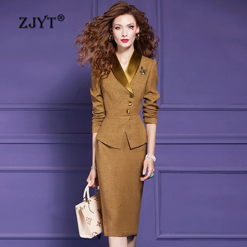 ZJYT Autumn Winter Women\'s Tweed Dresses 2024 Elegant Business Chic Office Work One Piece Pencil Dress Plus Size Vestidos Female