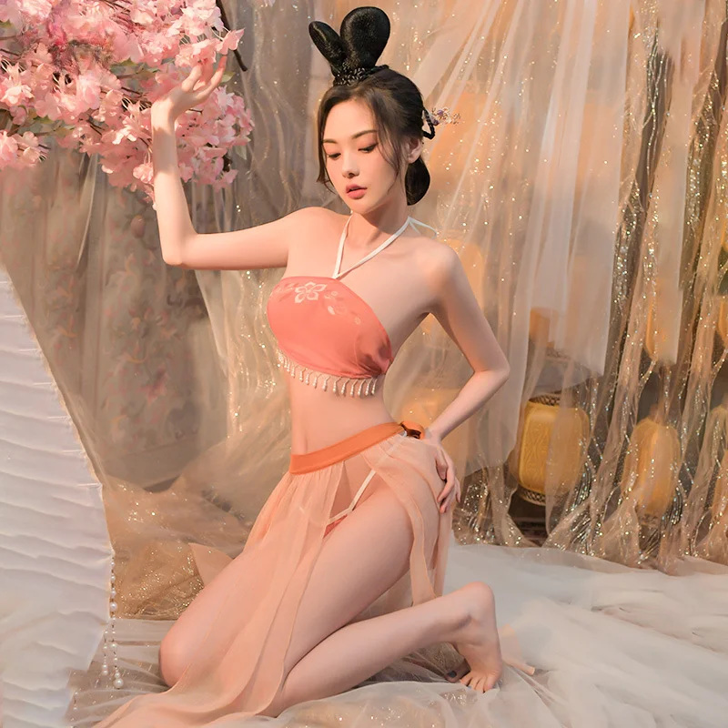 Chinese Classical Skirt Costumes Vintage Dancer Traditional Hanfu Sexy Lingerie Apron Thong Robe Suit Women's Erotic Underwear image 5