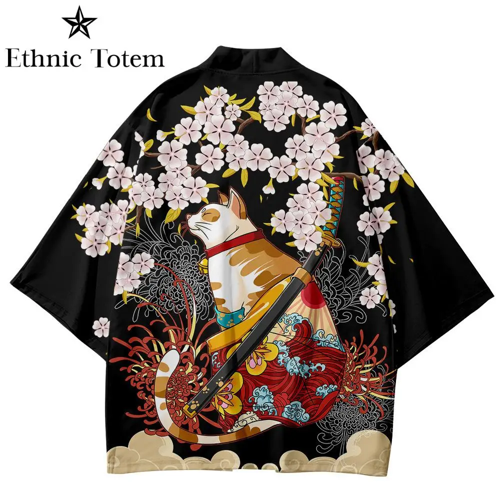 Japońska nadruk kota Kimono dla dorosłych Yukata Samurai kimona koszula odzież tradycyjna Haori dla mężczyzn kobiet kardigan Harajuku