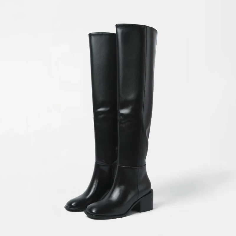 

Black Knee High Boots Women Brand Design Suqare Toe Chunky Heel Wide Tube Long Boots Autumn Trend Fashion Over Boots Mujer