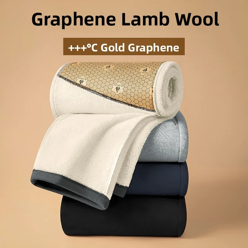

Men's Graphene Lamb Velvet Sweatpants Winter Thickened Warm Casual Straight Leg Long Pants Fleece Lined mid Waist Straight Cut