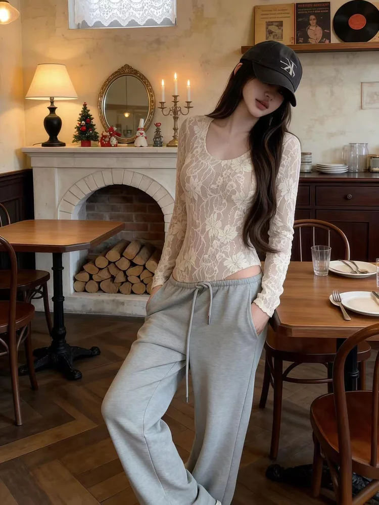 

Sexy Lace Design One-Piece Suit Women's Winter New Sle Tight Inner Wear Base irt Top Low Waist Straight Leg Pants