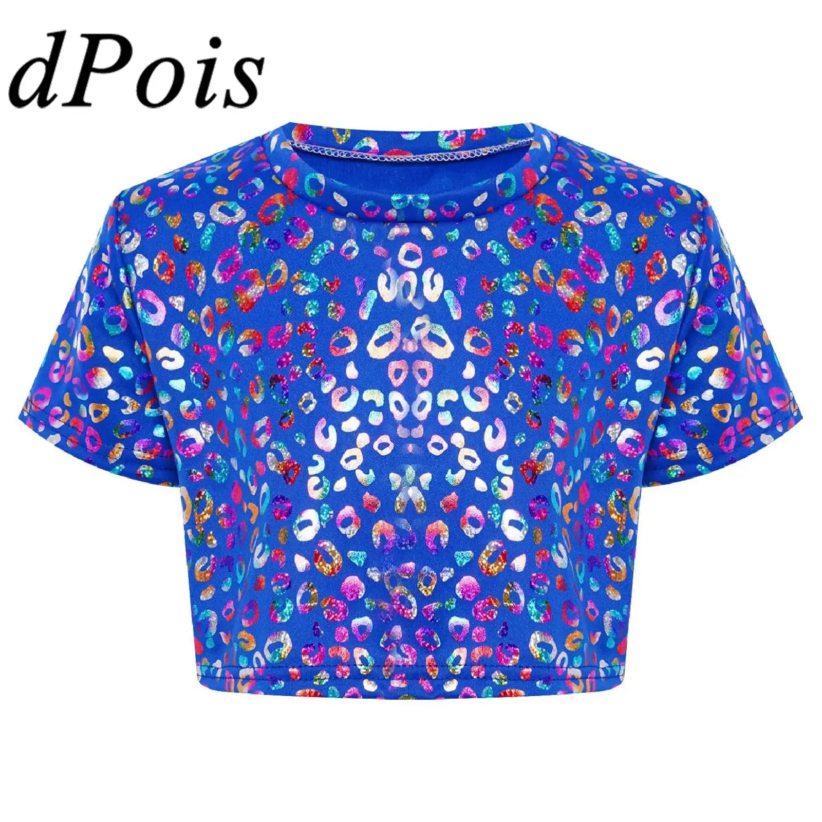 Mode Kinder Mädchen Metallic Rundhals Crop T Top Leopard Print Kurzarm T-shirt Jazz Dance Kostüm Leistung Kleidung