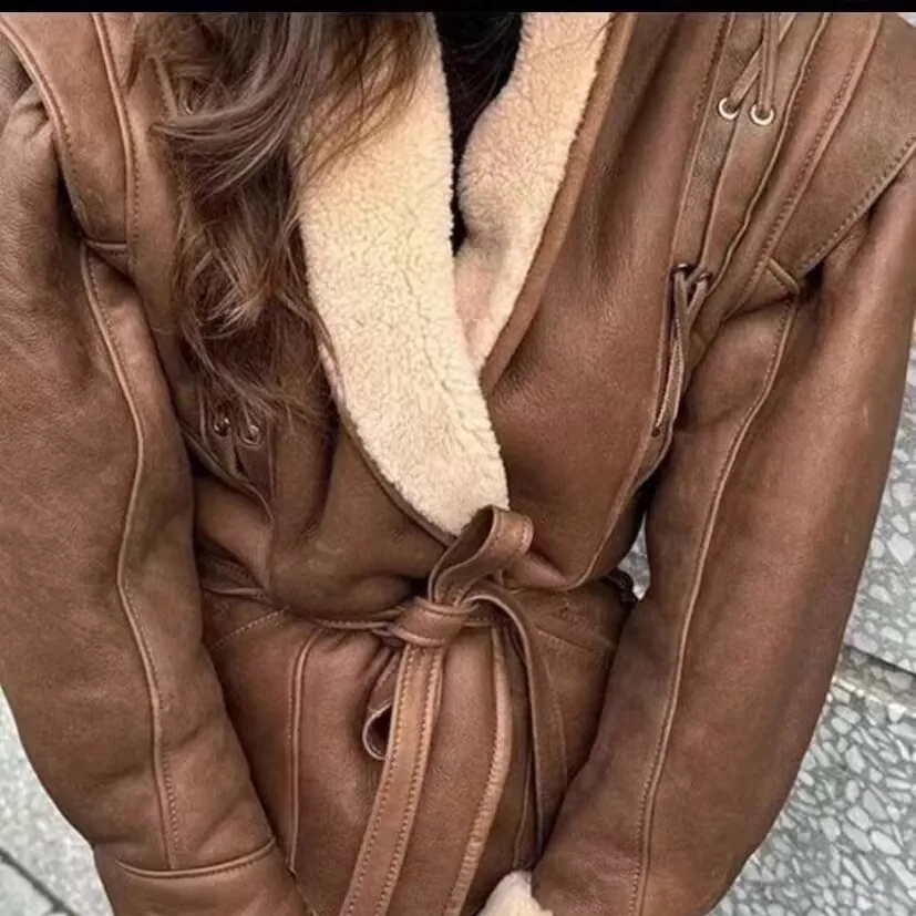 معطف نسائي من الجلد الفرو القديم مع حزام خصر للخريف وصل حديثًا بياقة فاكهة فاهيون للتنقل والرياح #4