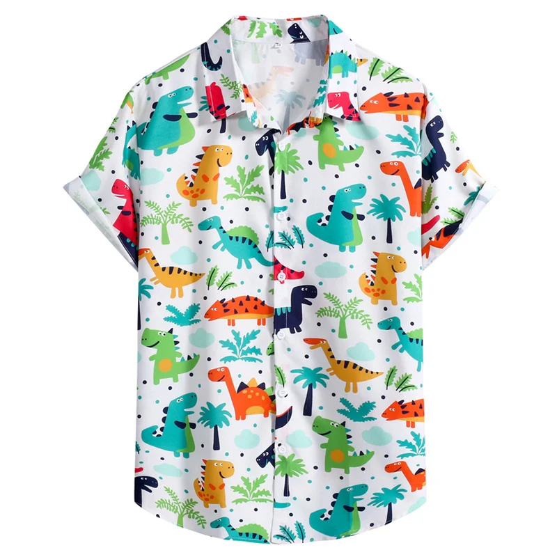 Camisa hawaiana con estampado 3d de dinosaurio de dibujos animados para hombre, Tops de manga corta de gran tamaño, ropa de vacaciones en la playa, blusa de solapa con botones