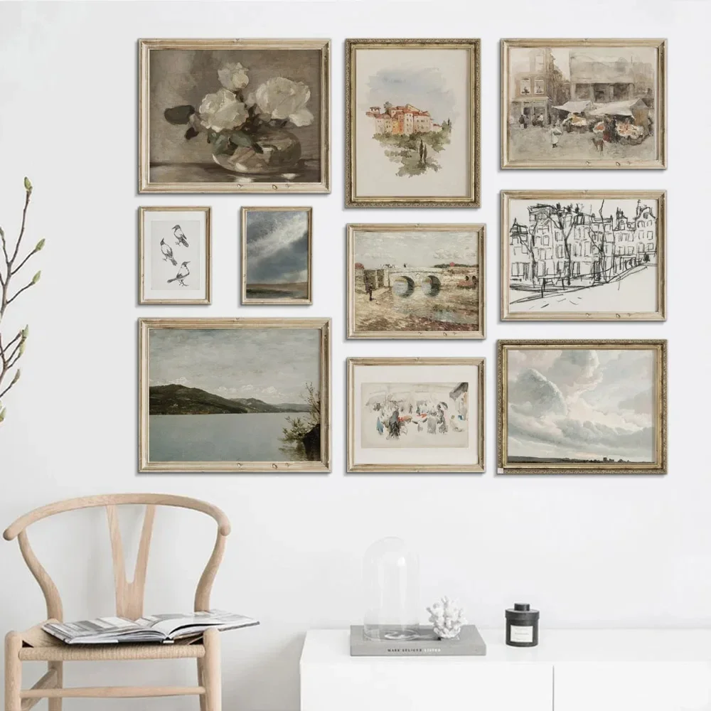 

Vintage Gallery Wall Print Lake Cloud Landscape Flower Nordic PostersCanvas Paintings and Prints Living Room Home Decoration