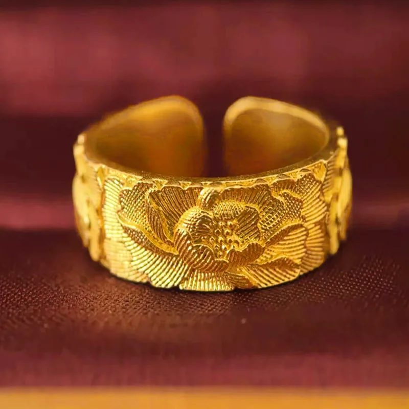 women peony embossed open gold ring made of 24K pure gold AU999 is elegant daily finger jewelry for ladies commuting.