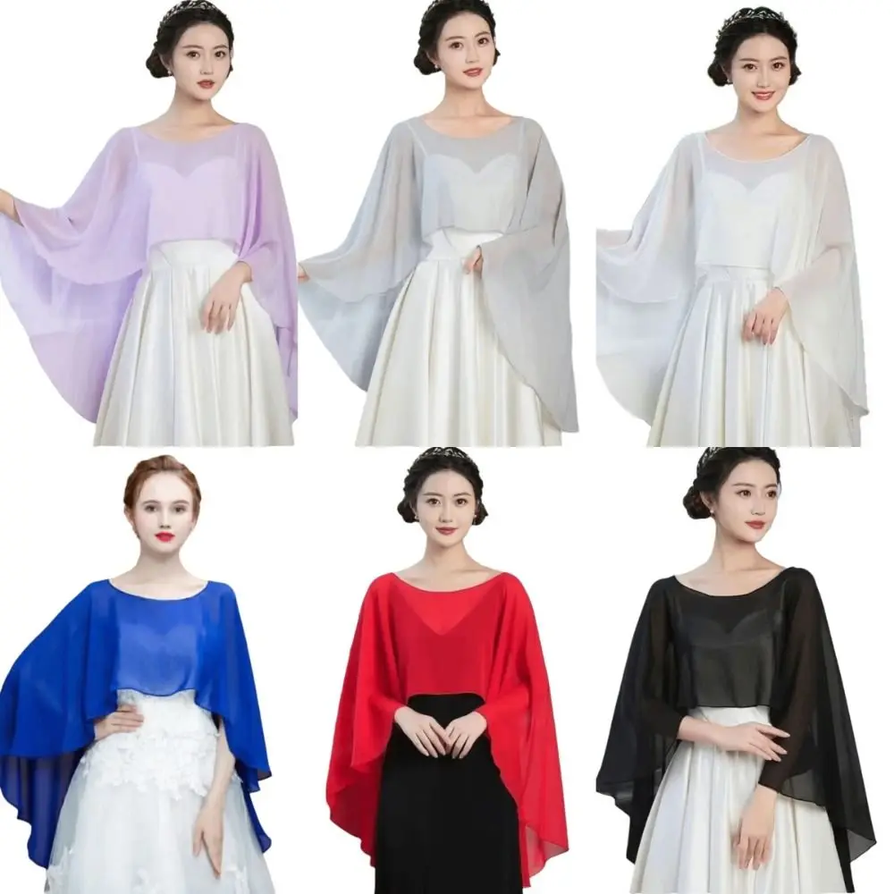 Solid Color Thin Wide Chiffon Shawl Sunscreen All Match Women Pullover Wraps Soft Party Dress Evening Capes Summer