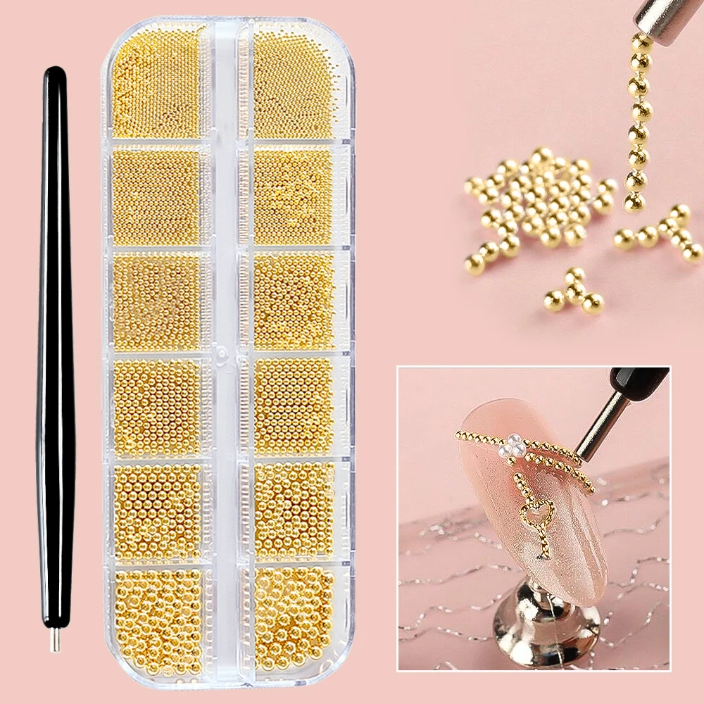 1000Pcs Mixed-Size Gold Silver Caviar Steel Bead 0.8-3mm Alloy Metal Round Bead Nail Charms With 1Pcs Magnetic Pen Manicure Bead