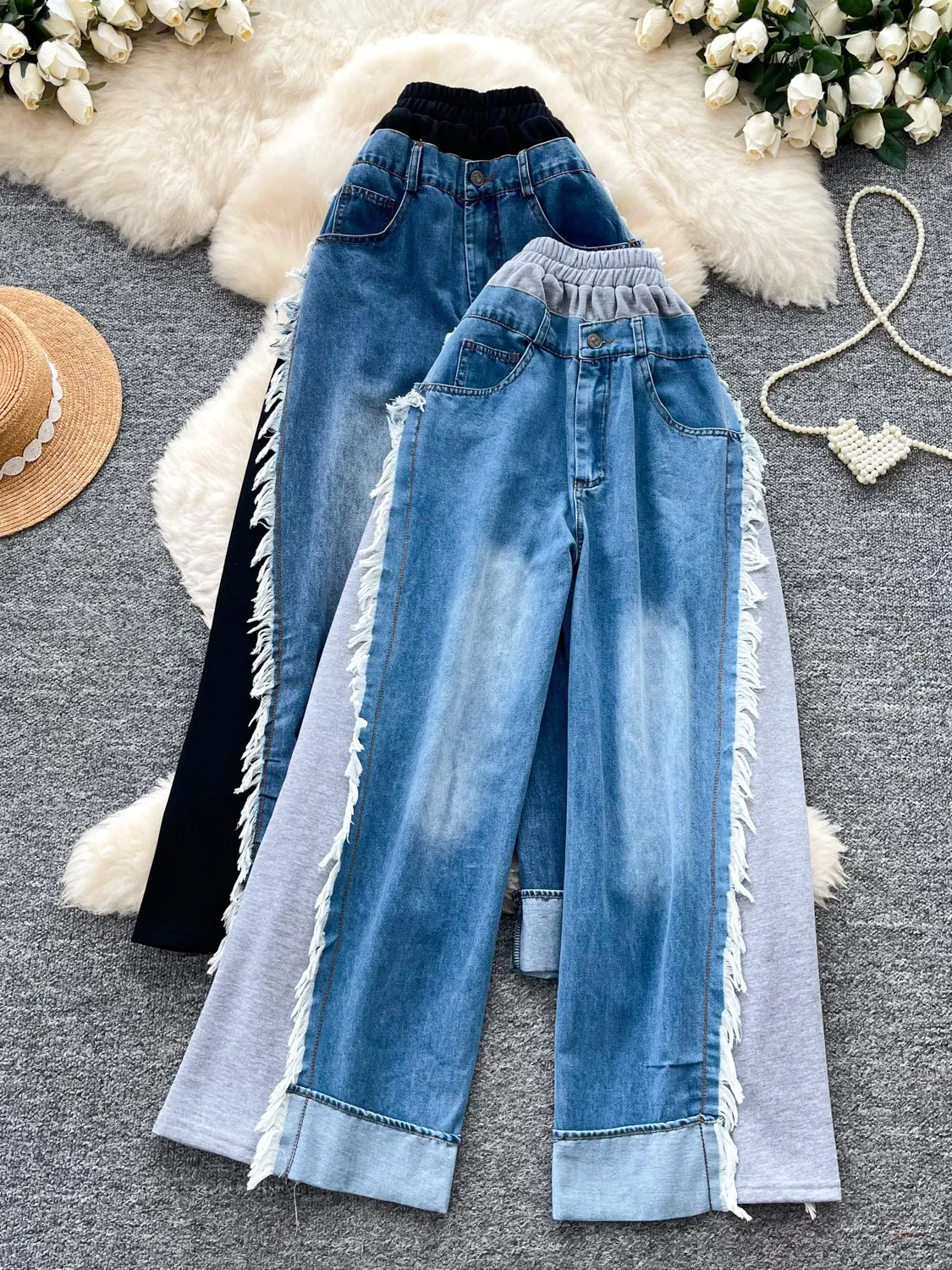 SuperAen Retro Patchwork Color-matching Distressed Denim Pants for Women Korean Style Loose Wide-leg Pants