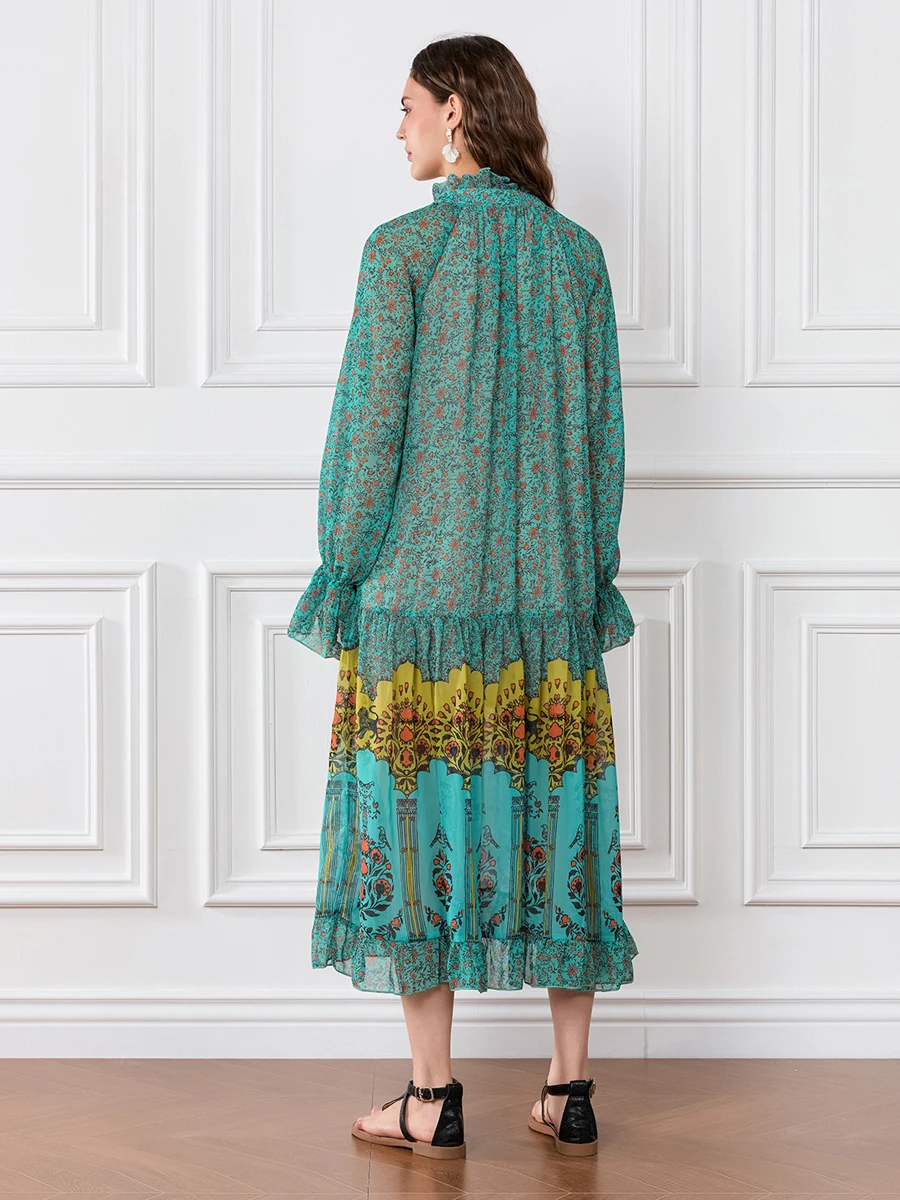 Women s Maxi Dress with Vintage Floral Print and Front Tie-Up Detail Long Sleeve Boho Dress for Spring and Summer Beach Holiday