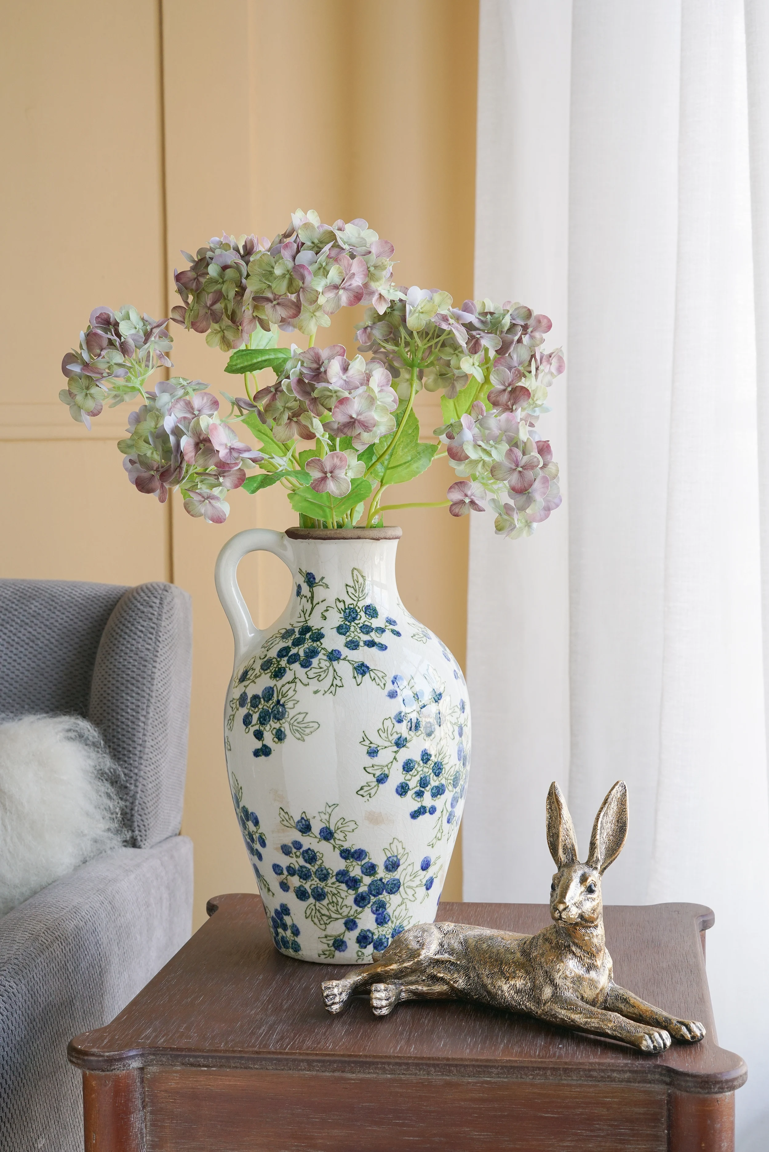 

2.6 Inch White Ceramic Pitcher Vase with Blue Berry Motif, Vintage Farmhouse Decor for Mantel, Tabletop, Sideboard