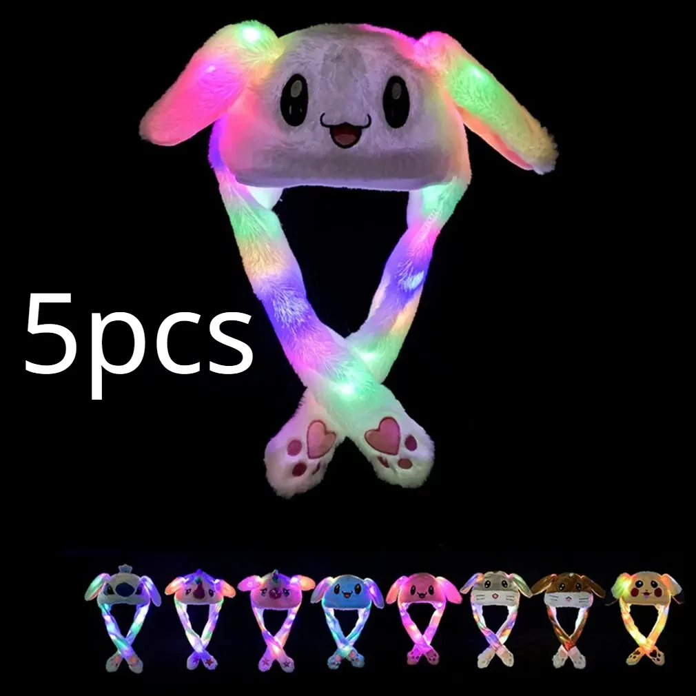 New Kawaii Plush LED Glowing Rabbit Ears Hat Lovely Luminous Kids Adult Plush Hand Pinch Cap Moving Ears Hat with Earflap Gifts