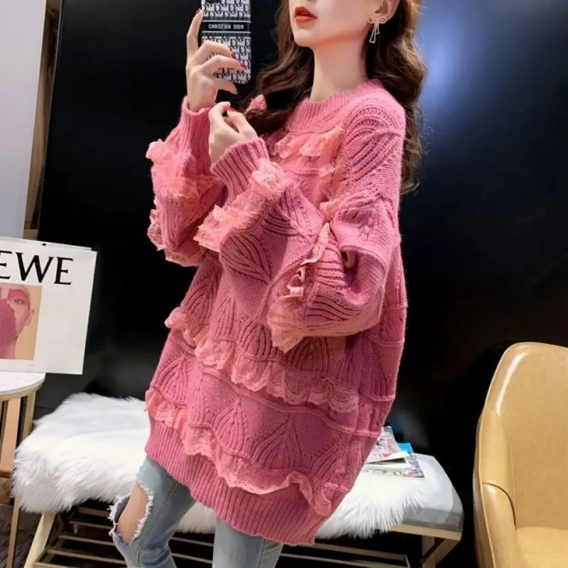 Casual Fashion Lace Patchwork Sweaters Female Clothing Vintage Solid Color Autumn Winter O-Neck Loose All-match Knitted Jumpers