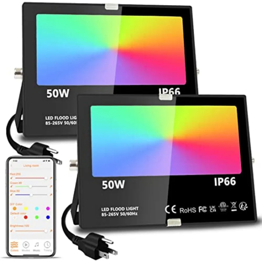 

Светодиодный прожектор для улицы 500 Вт (эквивалент 5000 лм), умное RGB-освещение для ландшафта с управлением через приложение, настраиваемые сценарии, таймер, теплый белый свет 2