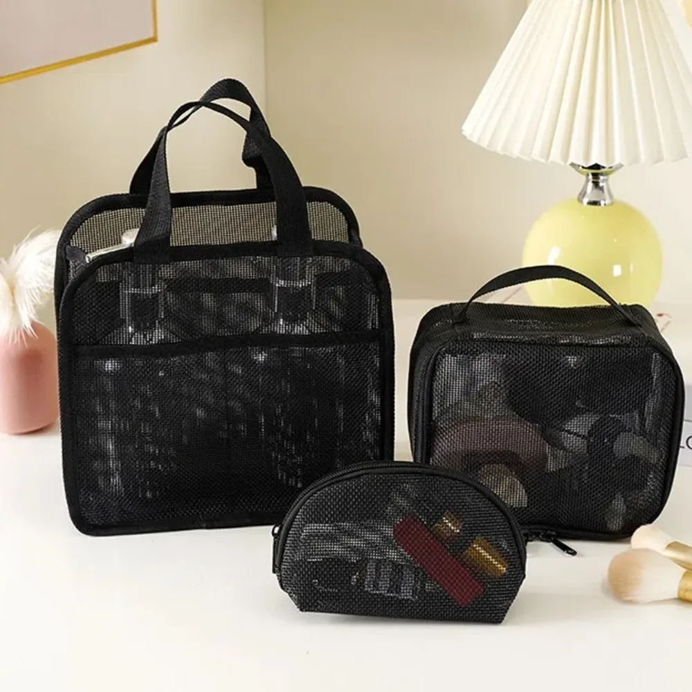

Portable Large Capacity Mesh Makeup Bag Handheld Lightweight Cosmetic Organizer Bag Solid Color Toiletry Storage Bag