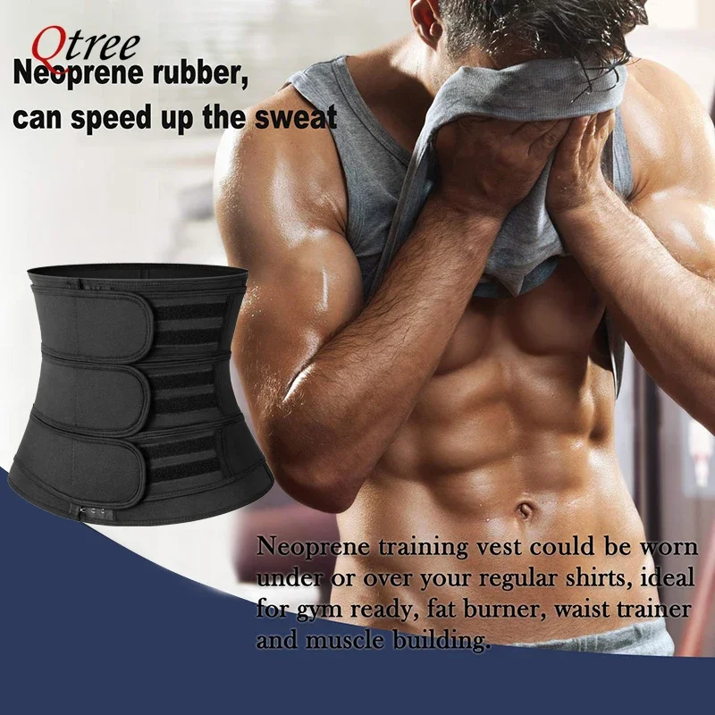 Qtree Men Hot Neoprene Body Shaper Sauna Workout Waist Trainer Trimmer Belt for Weight Loss Sweat Belly Double Straps Shapewear