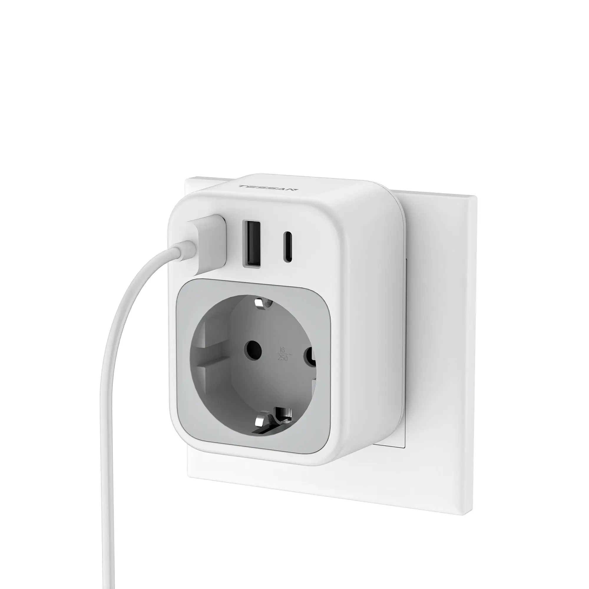 TESSAN Compacte Wandcontactdoos met 1 AC, 2 USB A, 1 USB C, 3600W, Meerdere EU Stekkers, Schuko Wandstekkeradapter Verlengstuk voor Thuis en Kantoor